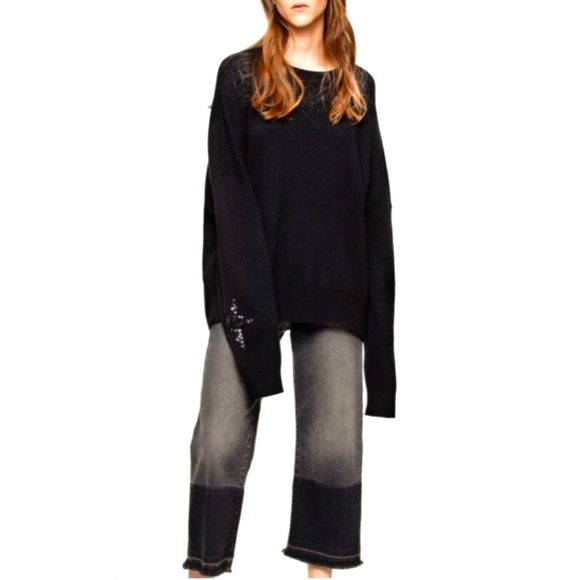 Zadig & Voltaire black wool cashmere oversized sweater sequined star size Large - Picture 1 of 15